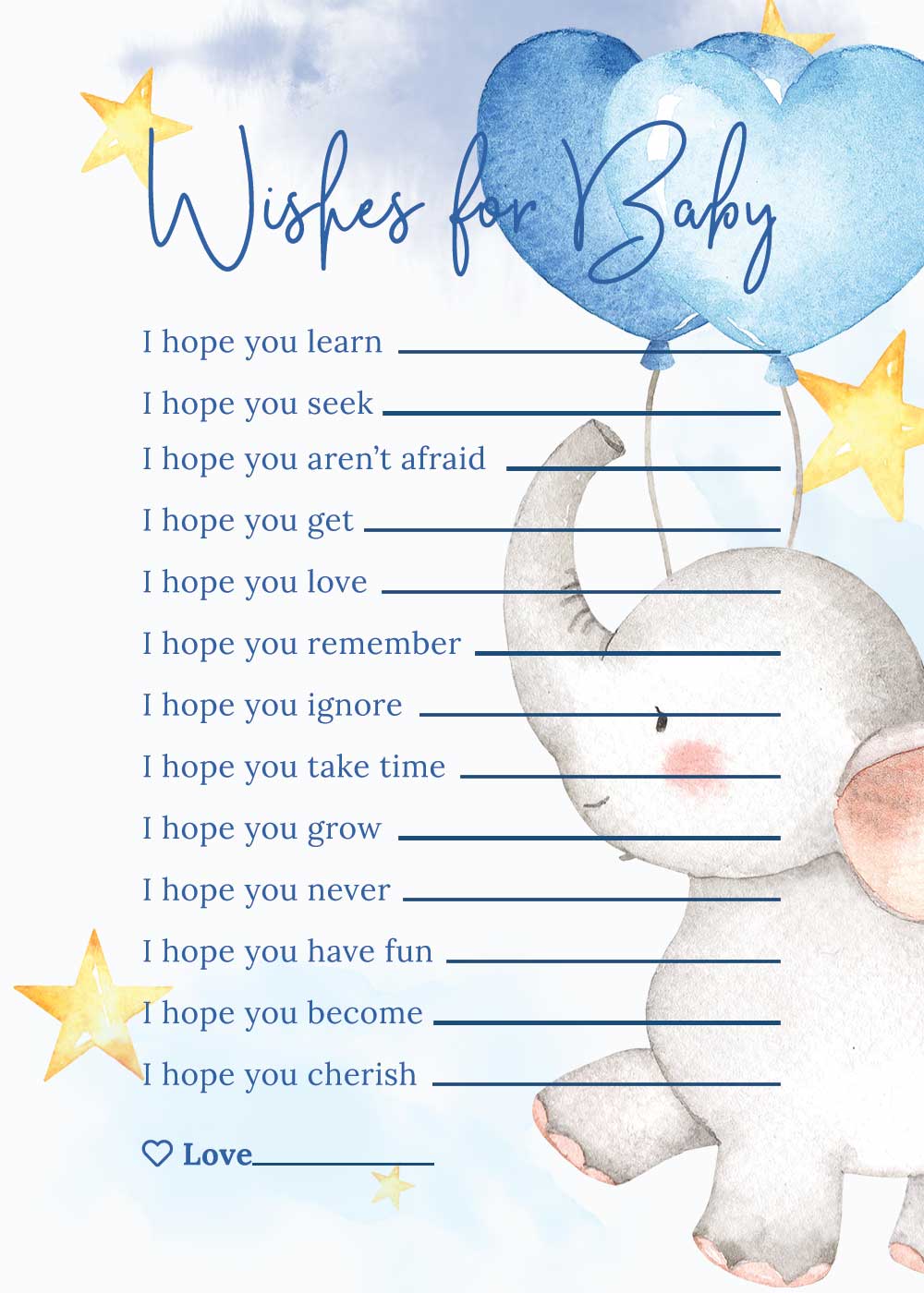 Baby Shower Wishes for baby card - Elephant Theme