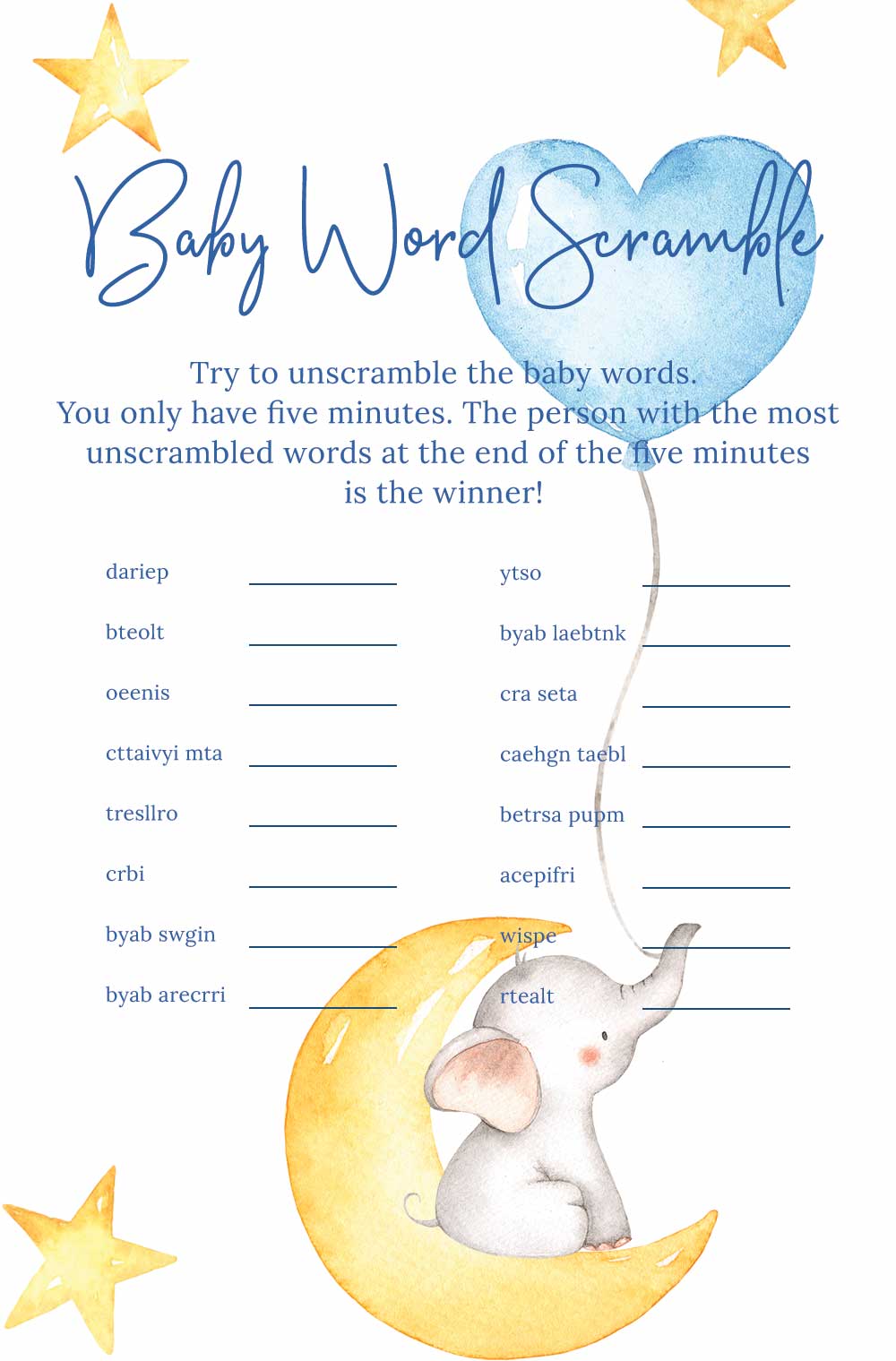 Baby name scramble game - Elephant Theme