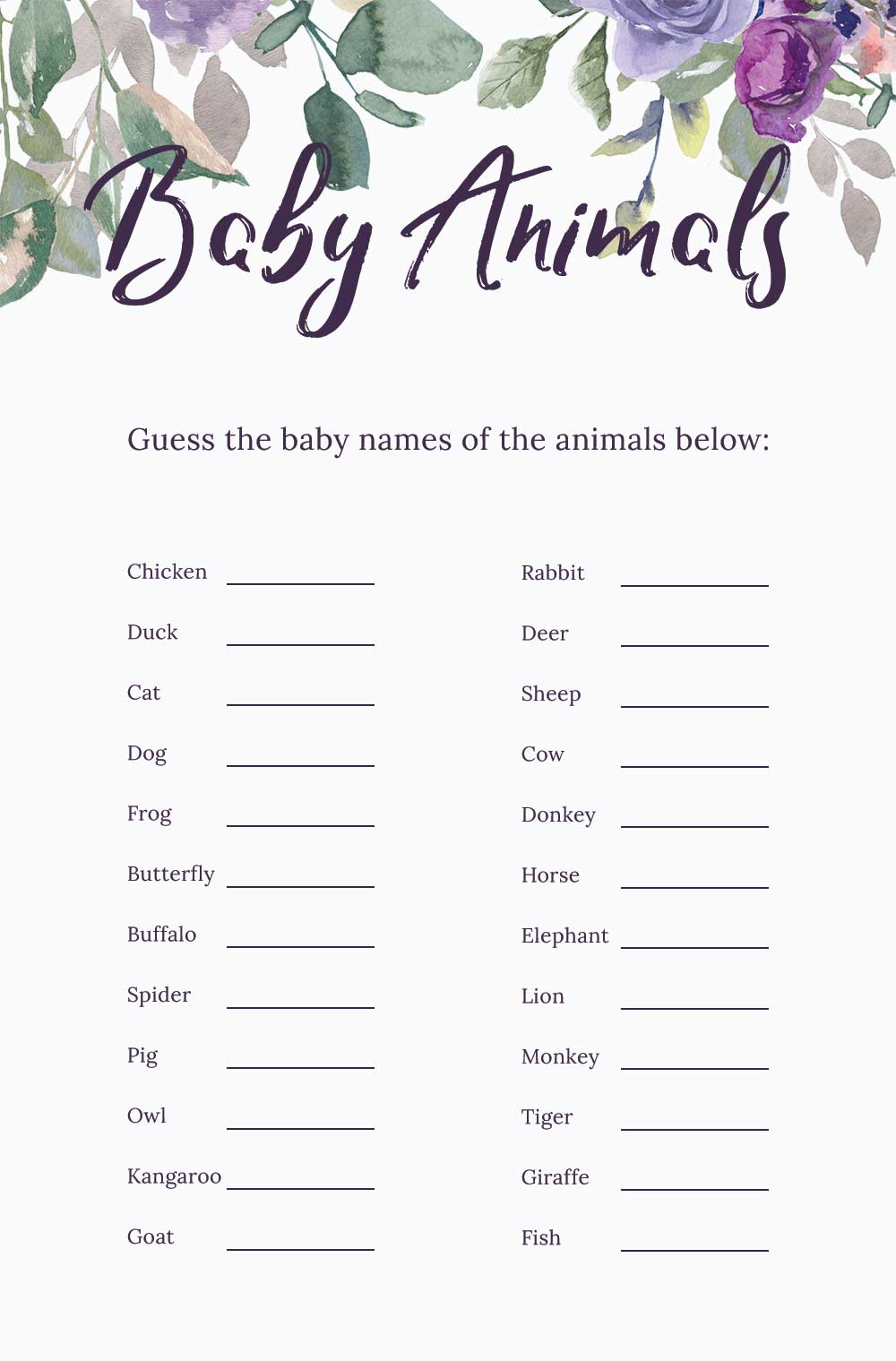 Name that baby animal game - Plum theme